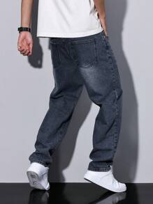 Manfinity Homme Plus Size Men's Casual Loose Fit Straight Leg Pockets Jeans - Blue - View 2