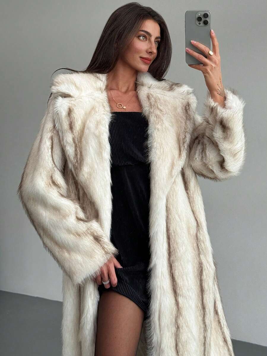 Aloruh Mid-Length Loose Fit Warm Textured Fluffy Coat For Women - Multicolor - View 1