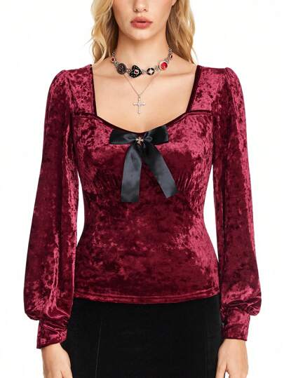 Hippie 1 pièce Blouse élégante en velours avec nœud papillon et manches lanternes pour femmes