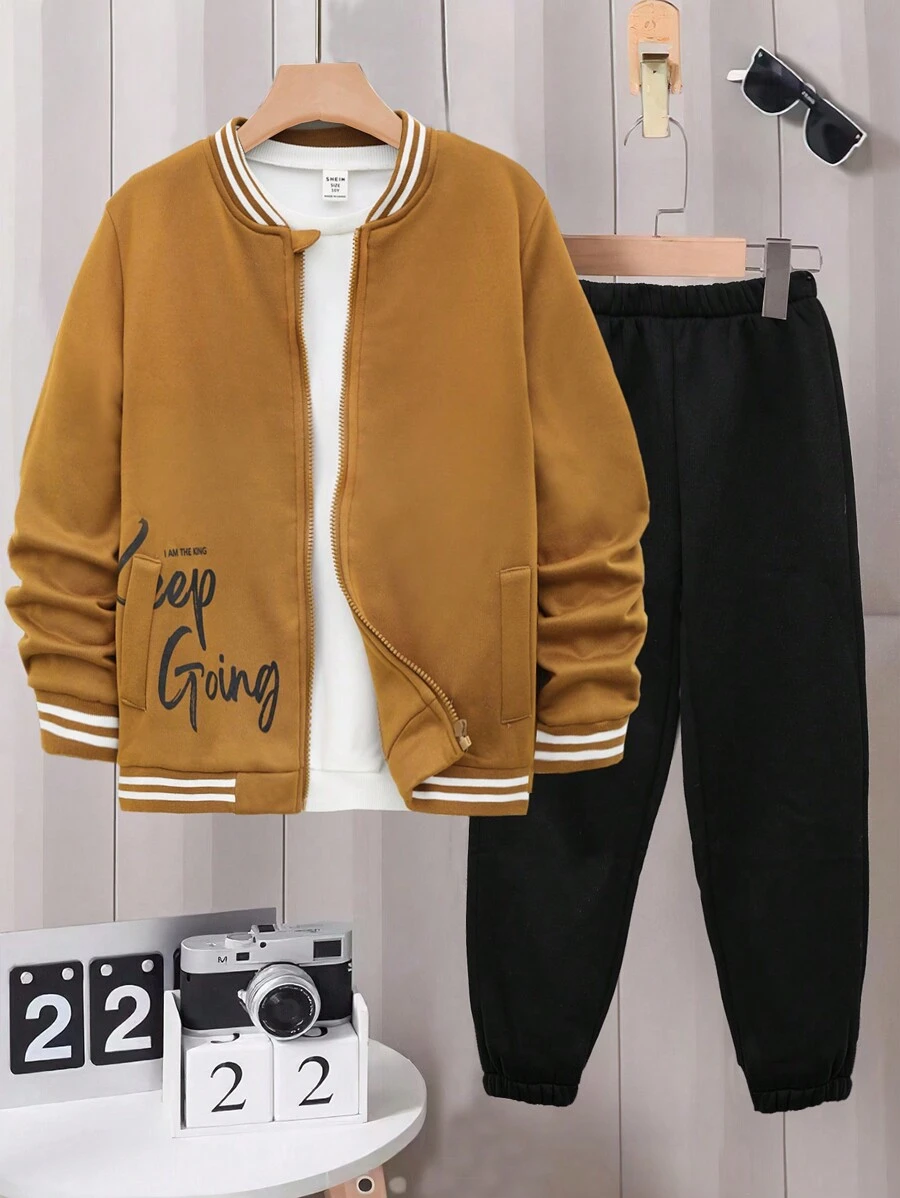 SHEIN 2pcs Tween Boy Casual Zipper Letter Print Jacket Outfit With Drawstring Pants - Orange - View 1