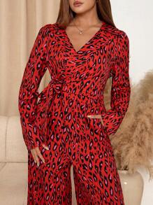 SHEIN Clasi Fashion Leopard Print Wrap Long Sleeve Palazzo Jumpsuit, Autumn Winter Women Clothes Red Jumpsuit Elegant Women Dresses Red Jumpsuit Red Women Jumpsuit New Years Women Outfit Cheetah Print