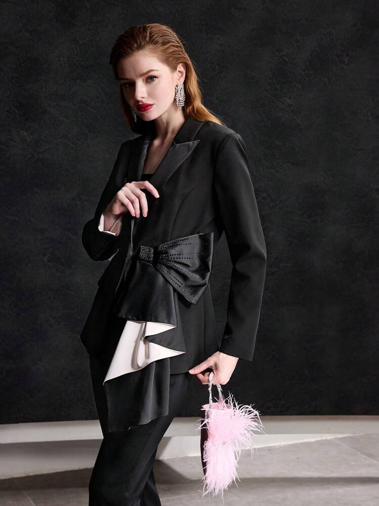 PEAK COLLAR RHINESTONE BOW FRONT RUCHED WAIST ASYMMETRICAL HEM BLAZER