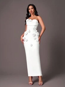 Glamrae Elegante vestido de noche de cóctel con diseño de flor 3D, cuello de volantes sin tirantes y escote de tipo ballena