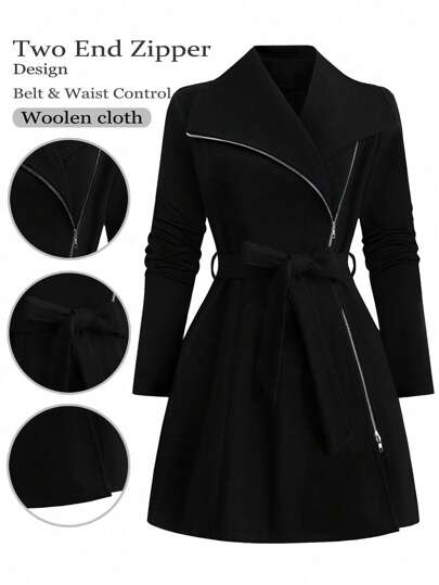 SHEIN LUNE Plus Size Solid Color Zip-Up Long Sleeve Tie-Front Casual Jacket, Minimalist Style For Everyday Wear, Winter Fall Cloth For Women Autumn