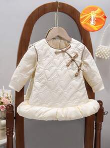 SHEIN Baby Girl New Chinese Style Qipao Dress, Autumn/Winter, Children Heart Quilted Flared Skirt Vintage Retro Frog Button Princess Dress, Chinese Folk Style