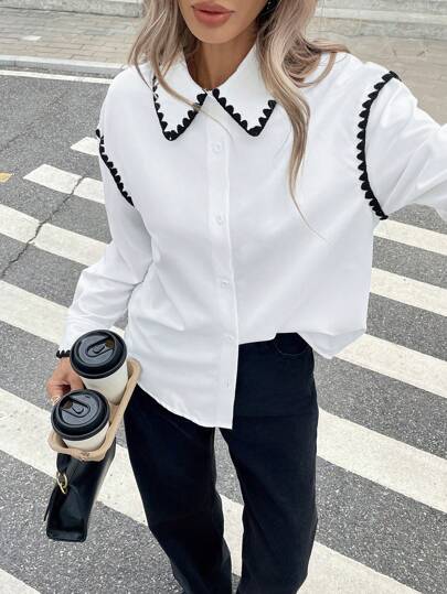 Serisse Women Autumn Patchwork Floral Trim Dropped Shoulder Long Sleeve Casual Shirt French Simple Casual Solid Color Trim Basic Long Sleeve Lapel Shirt, Boho, White Top Winter Spring