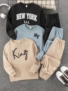 SHEIN Leap Crew 6 件套青少年男孩休闲宽松舒适百搭图案印花圆领运动衫和慢跑裤套装，适合秋冬季，非常适合外出 - 霧霾藍 - 查看 1