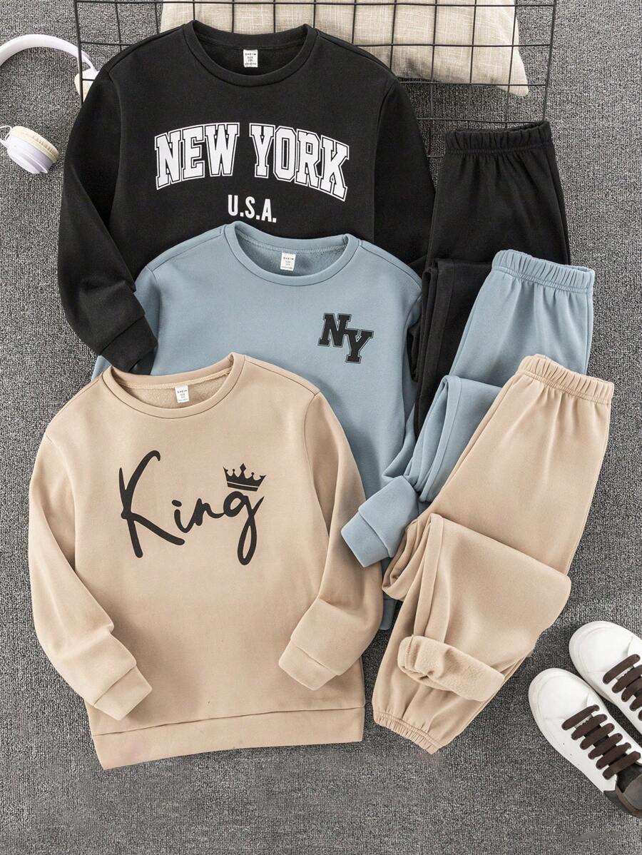 SHEIN Leap Crew 6 件套青少年男孩休闲宽松舒适百搭图案印花圆领运动衫和慢跑裤套装，适合秋冬季，非常适合外出 - 霧霾藍 - 查看 1