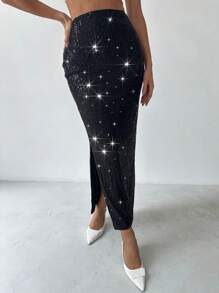 Firerie 优雅性感黑色亮片低腰裙，适合派对和聚会，秋冬季 - 黑色 - 查看 3