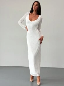 Aloruh Long Sleeve V-Neck Bodycon White Dress, Suitable For Dating, Holiday, Commuting - White - View 1
