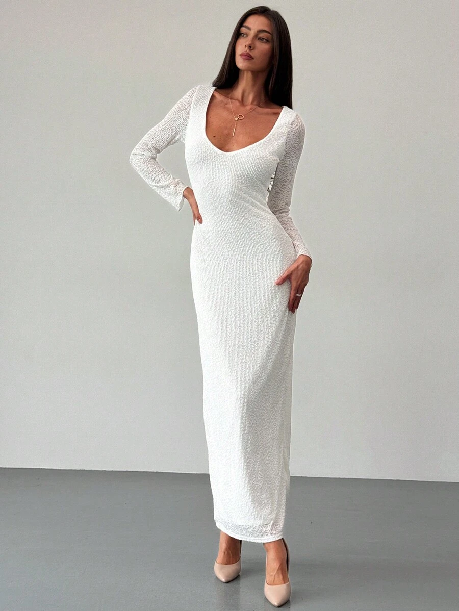 Aloruh Long Sleeve V-Neck Bodycon White Dress, Suitable For Dating, Holiday, Commuting - White - View 1