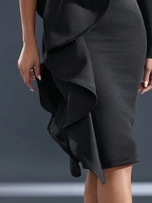 Hauture Haute Ruffle Detail Midi Fall Christmas Party Dress Long Sleeve Going Out Date Night Girl's Night Out Sophisticated Dress Little Black Dress Holiday Dress