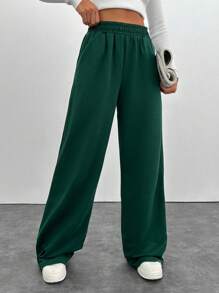 Women's Solid Color Elastic Waist Pocket Wide Leg Loose Casual Sweatpants