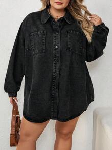SHEIN CURVE+ Plus Size Women Black Lapel Long Sleeve Curved Hem Denim Jacket, Fall Women Clothes - Black - View 8