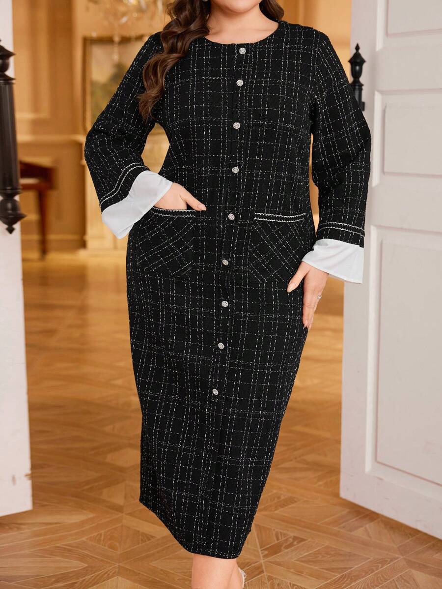 Modelyn 大码女式纯色拼接休闲简约阿拉伯长袖连衣裙 - 黑色 - 查看 1