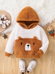 SHEIN Young Girl's & Young Girl's Reversible Fleece 3D Ear Bear Embroidered Sweatshirt, Suitable For Casual Daily Wear