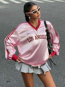 Muchica Women's Retro Colorblock Ancora Red Print V-Neck Collar Long Sleeve Jersey