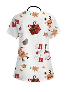 PopScrub V-Neck Chest Pocket Christmas Theme Print Short Sleeve & Nursing Scrub Uniform Top, Nurse - White - View 2