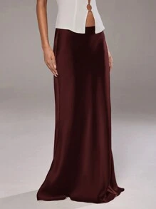 Aloruh Satin Solid Color Elegant Skirt, Burgundy Satin Skirt Ancola Red Skirt, Super Low Waist - Burgundy - View 1