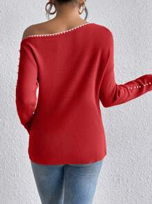 SHEIN Privé Solid Color Asymmetric Collar Studded Decor Casual Versatile Long Sleeve Pullover Sweater - Red - View 2