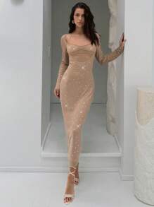 Aloruh Women's Long Sleeve Ruched Rhinestone Decor Maxi Dress,Elegant Beige Autumn Night Out Prom Formal Party Cocktail Christmas New Years Long Dress - Khaki - View 4