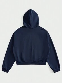 Manfinity VCAY 男士宽松字母刺绣口袋连帽运动衫，工作复古字母长袖皇家蓝色连帽衫，适合朋友、丈夫、男朋友的礼物，适合秋冬 - 寶藍色 - 查看 2