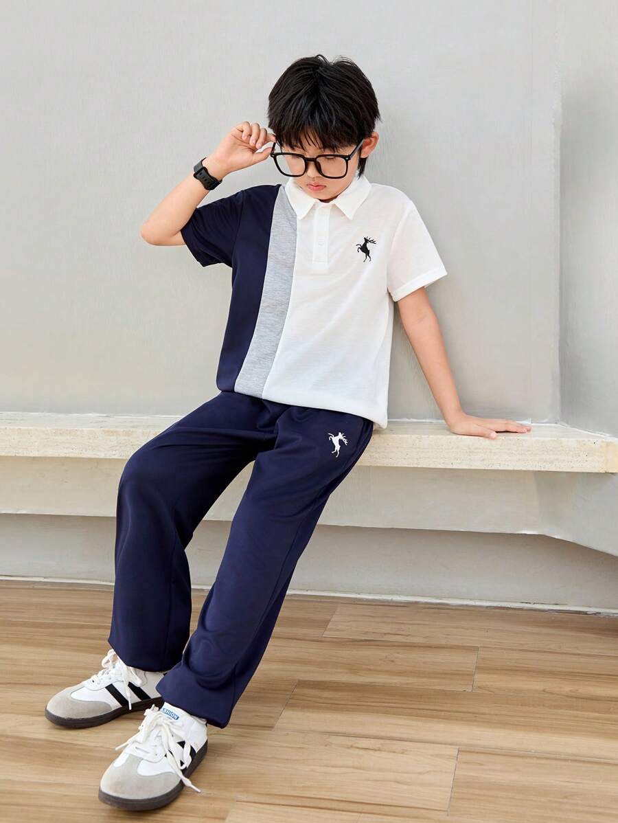SHEIN 青少年男孩拼色休閒有領短袖POLO衫和慢跑褲套裝 - 藍色 - 查看 1