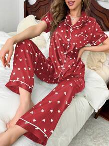 Heart Trimmed Faux Silk Short Sleeve Top & Pants Pajama Set, Vacation