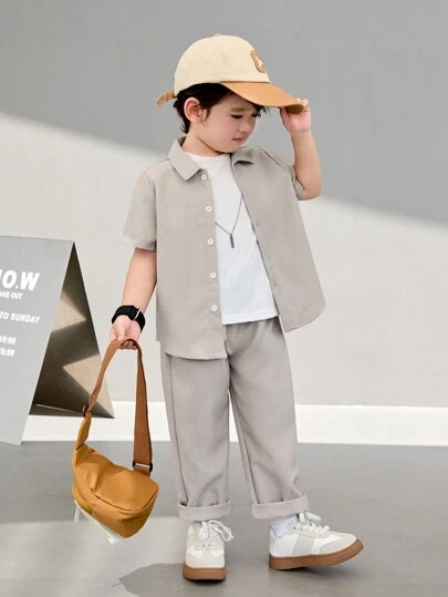 SHEIN Young Boy Solid Color Turn-Down Collar Cardigan Short Sleeve Top And Jogger Pants 2pcs Set