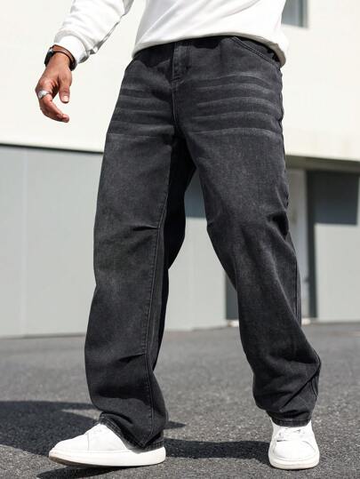 Manfinity Homme Plus Size Men's Straight Leg Loose Casual Multi-Pocket Baggy Denim Jeans