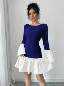 Selianne Women's Contrast Color Round Neck Flare Sleeve Ruffle Hem Mini Dress Fall Cloth For Women - Blue and White - View 3