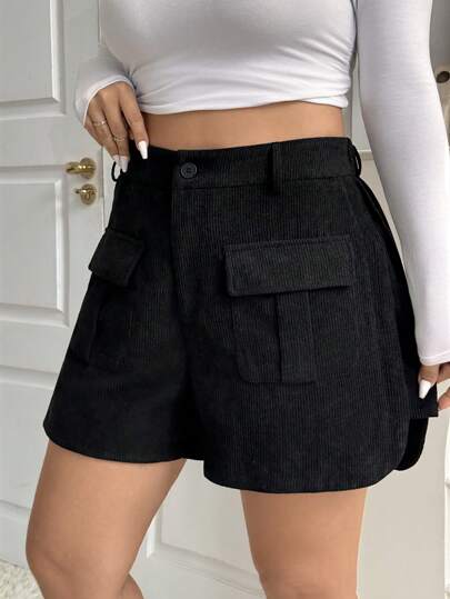 SHEIN EZwear 大码纯色折叠口袋休闲短裤，秋季