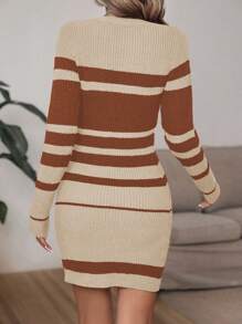 SHEIN LUNE Women's Colorblock Ribbed Knit Casual Round Neck Long Sleeve Sweater Dress