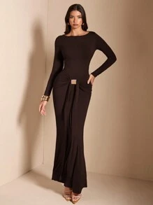 SHEIN BAE 纯色咖啡棕色圆领长袖高领美人鱼下摆紧身迷你连衣裙，适合鸡尾酒会、浪漫约会、秋冬分层穿着、聚会、派对、伴娘礼服、夜间外出、万圣节、圣诞节 - 咖啡棕 - 查看 6