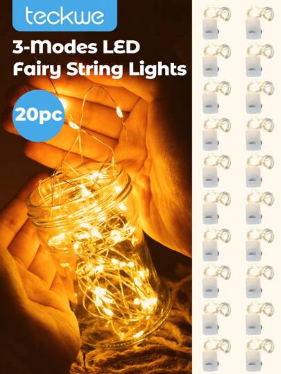 Teckwe 20 Stücke LED-Lichterkette, LED-Lichterkette, batteriebetriebene Lichterkette, Lichterkette aus Kupferdraht, Dekoration für Blumenstrauß, Kuchen, Atmosphäre, batteriebetrieben, für drinnen und draußen, Hochzeit, Schlafsaal, Weihnachten, Halloween, Geschenkdekoration und Ambientebeleuchtung, 2 m Länge