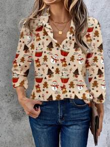 EMERY ROSE Koszula damska Plus Size Khaki z nadrukiem choinki i bałwana, kołnierzykiem typu "turndown" i guzikami, z długim rękawem, na jesień/zimę