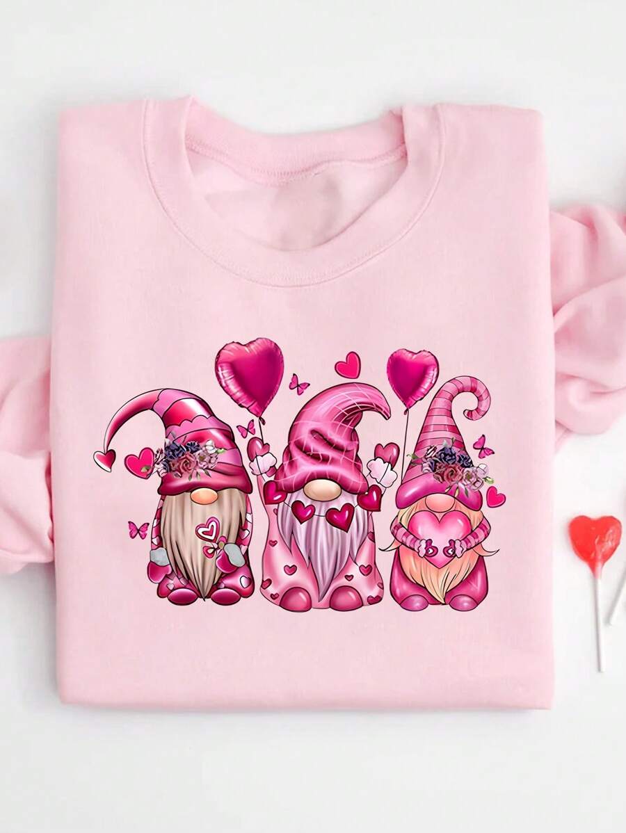 SHEIN EZwear Áo nỉ in họa tiết cổ tròn dài tay tối giản cho nữ, mặc thường ngày - Hồng - Xem 1