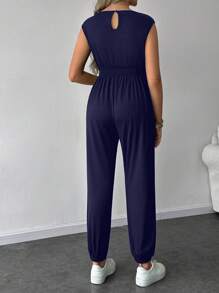 SHEIN 孕妇纯色 V 领无袖褶皱简约休闲连体裤 - 藏蓝色 - 查看 2