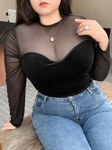 Dazy Plus 大码撞色网纱天鹅绒高领修身T恤，春夏秋季外出上衣女装 - 黑色 - 查看 10