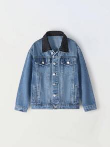 SHEIN Explorewe Tween Boy 中号水洗蓝时尚黑色撞色领休闲百搭牛仔夹克 - 中等水洗藍 - 查看 6