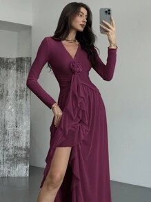 Aloruh New Elegant Ruffle Tie Decor 3D Flower Design Sexy Deep V Net Long Dress - Purple - View 7