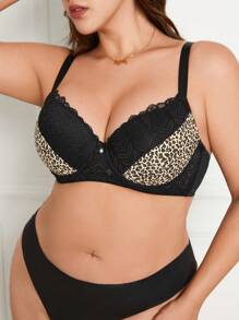 DesireSculpt 1 pieza Sujetador romántico y sexy con encaje de contraste, con Push-up, ajustable y talla grande
