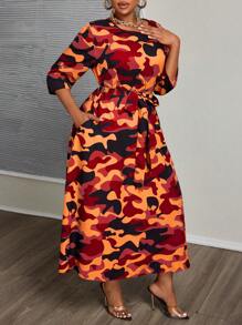 Maweii Plus Size Women Camouflage Lacing Waist Pocket 3/4 Sleeve Midi Dress Maxi Women Outfit