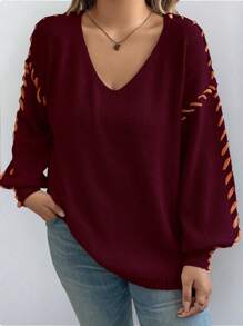 Calvaya Áo len dệt kim dài tay cổ chữ V thả vai cỡ lớn cho nữ, mùa thu/đông - Màu Đỏ Sâu - Xem 1