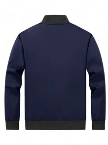 Manfinity Homme Plus Size Men's Plain Front Zipper Long Sleeve Pocket Casual Jacket - Navy Blue - View 2