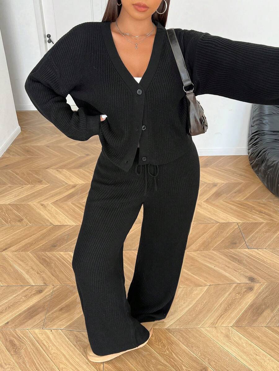 SHEIN EZwear Áo len cardigan dài tay một hàng khuy màu trơn cỡ lớn cho nữ và quần dài dệt kim thường ngày, Thu/Đông - màu đen - Xem 1