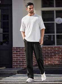 Manfinity Homme Pantalón de chándal casual y sencillo para hombre para uso diario, pantalón de chándal de pierna recta casual y larga con cordón, regalo para esposo o novio