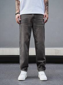 Manfinity Homme 休闲牛仔裤，简约时尚，适合日常穿着 - 深灰色 - 查看 3