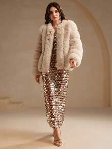 Anewsta New Autumn/Winter Elegant Lady-Like Faux Fox Fur Coat, Fashionable Outerwear - Apricot - View 3