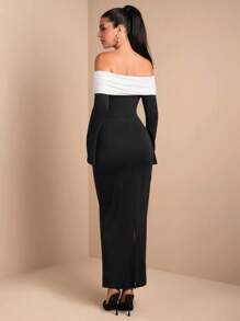 SHEIN BAE Elegant Winter Women Dress Black & White Contrast Twisted Off-Shoulder Long Flared Sleeve Bodycon Dress, Suitable For Formal Parties, Dates, Celebrations, Evenings Out - Black and White - View 2